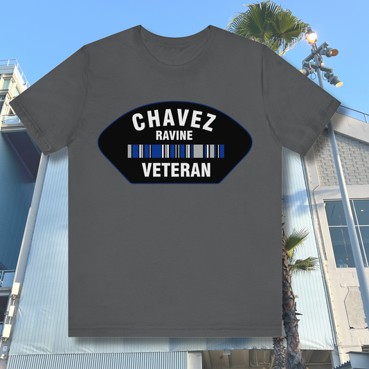Charcoal gray Chavez Ravine Veteran t-shirt featuring black patch design with white and blue stripes — Los Angeles Dodgers fan apparel.