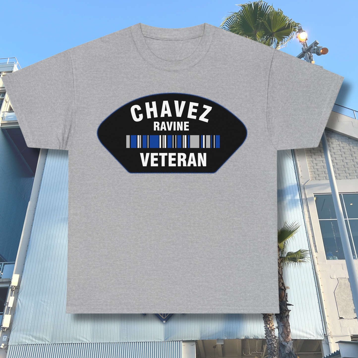 Heather gray Chavez Ravine Veteran t-shirt with black and blue badge design — vintage LA baseball fan shirt inspired by Dodger Stadium