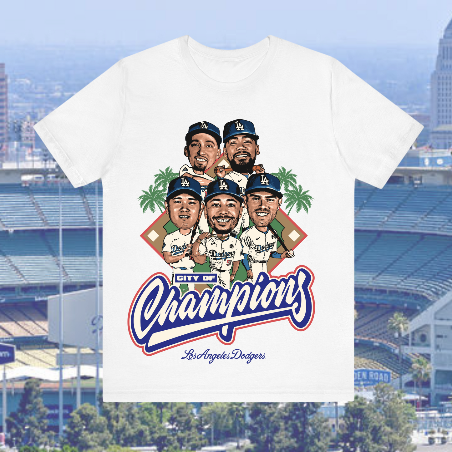 White Dodgers t-shirt with cartoon-style LA baseball players and βCity of Championsβ text