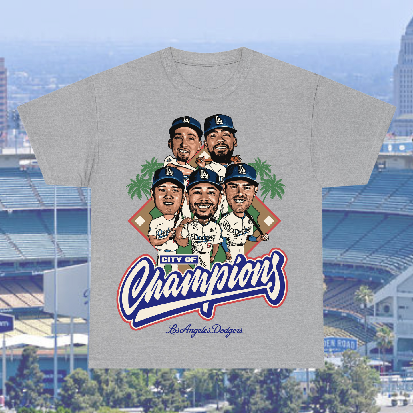 Los Angeles Dodgers graphic tee with caricature players and palm trees