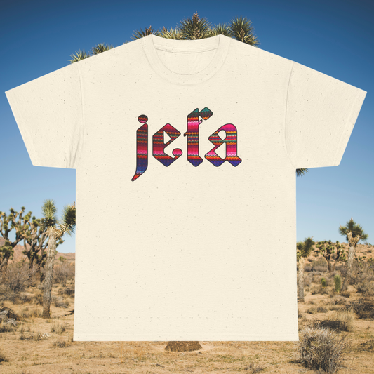 Cream t-shirt with colorful “jefa” lettering in serape print, Old English style

