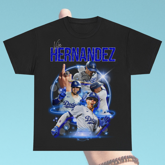 Black t-shirt with Hernandez Dodgers graphic featuring blue glitter text, action shots of baseball player, and bold vintage-style design