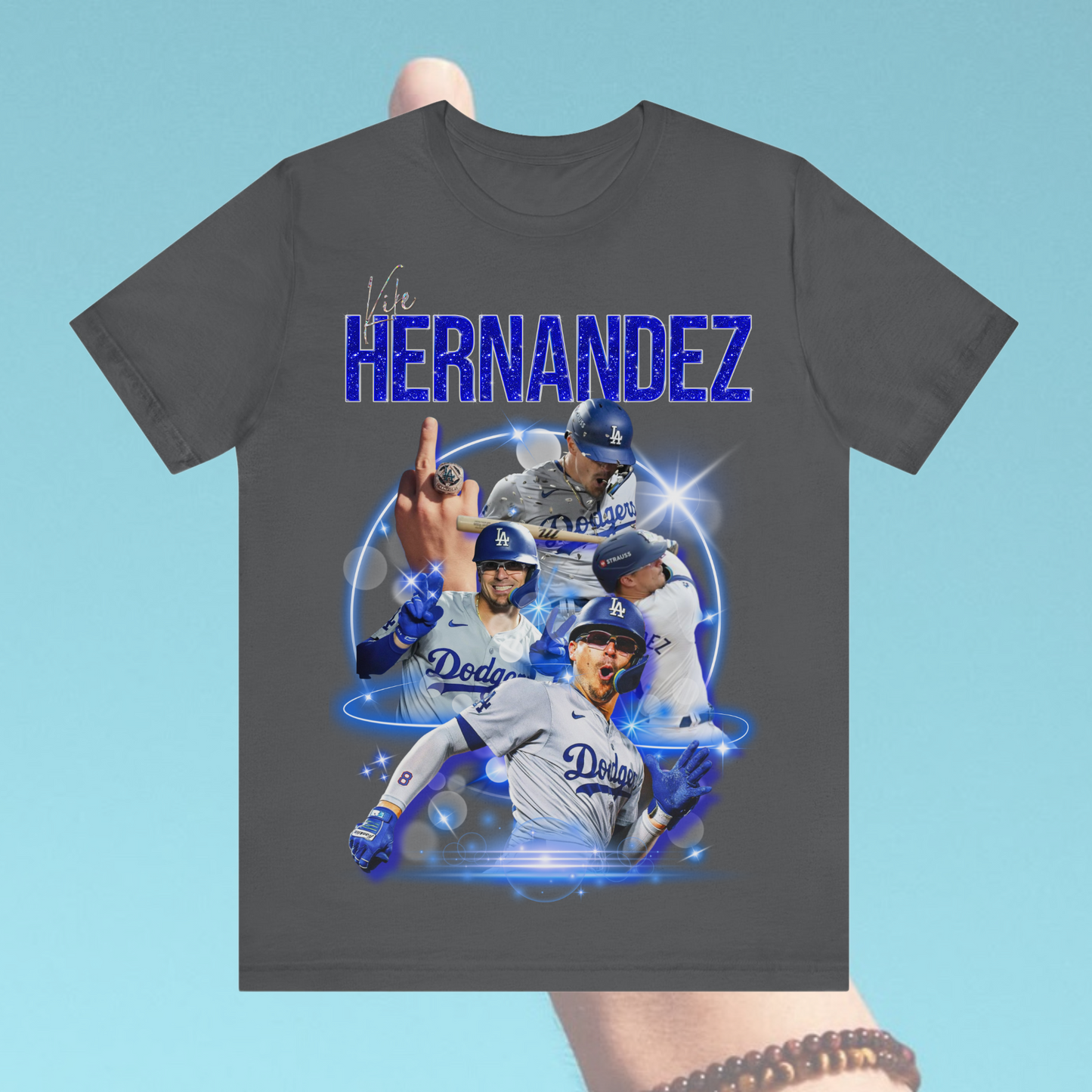 Vintage-inspired Hernandez shirt with glowing effects and fan art style