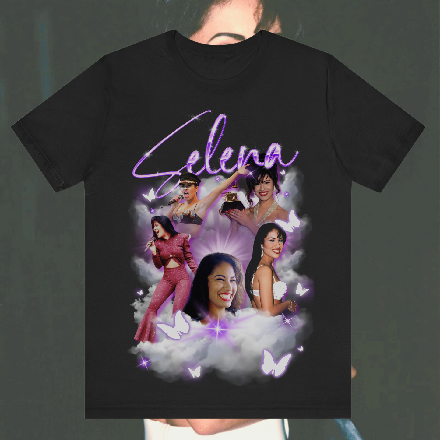 Selena Quintanilla Tribute Collage T-Shirt featuring multiple iconic images of the Tejano music legend surrounded by clouds, butterflies, and a dreamy purple glow. Perfect for fans and music lovers.