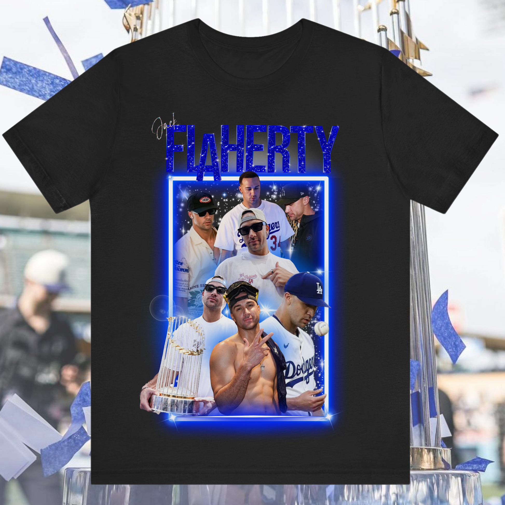 Jack Flaherty Dodgers Tribute Collage T-Shirt featuring a bold graphic design with multiple images of the player, including iconic moments, trophy, and Dodgers cap, set against a vibrant blue neon frame. Ideal for baseball fans and Dodgers supporters.
