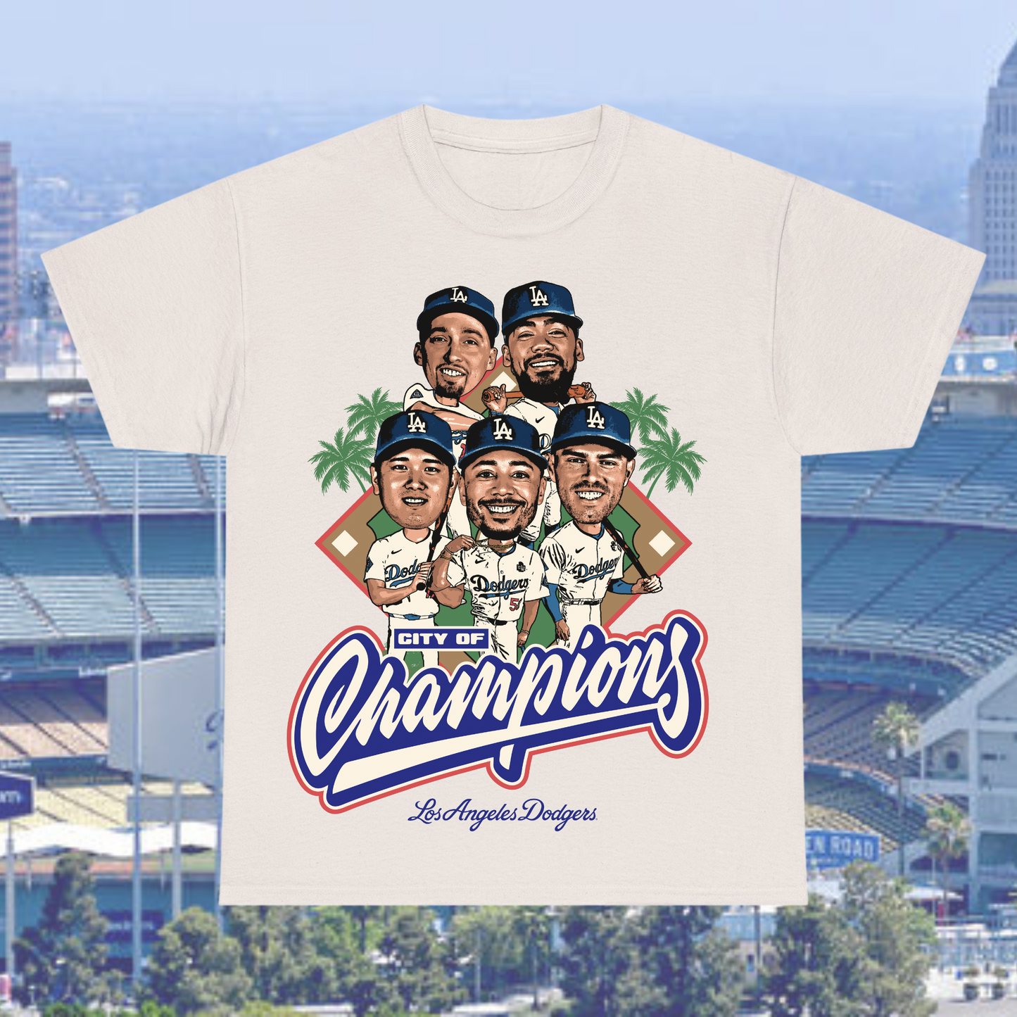 Funny cartoon Dodgers shirt with baseball diamond background and bold lettering